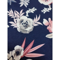 Granatowa elastyczna dzianina Jersey - pudrowe kwiaty - kupon 2,40m